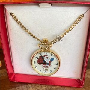 Vintage Gold Pendant watch Necklace with Santa Design